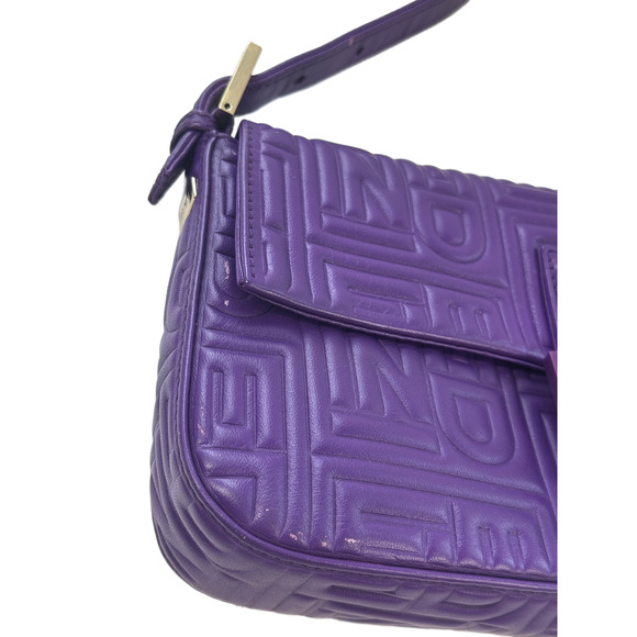 Fendi Purple Nappa Embossed Logo Leather Shoulder Baguette Bag - Picture 8 of 11